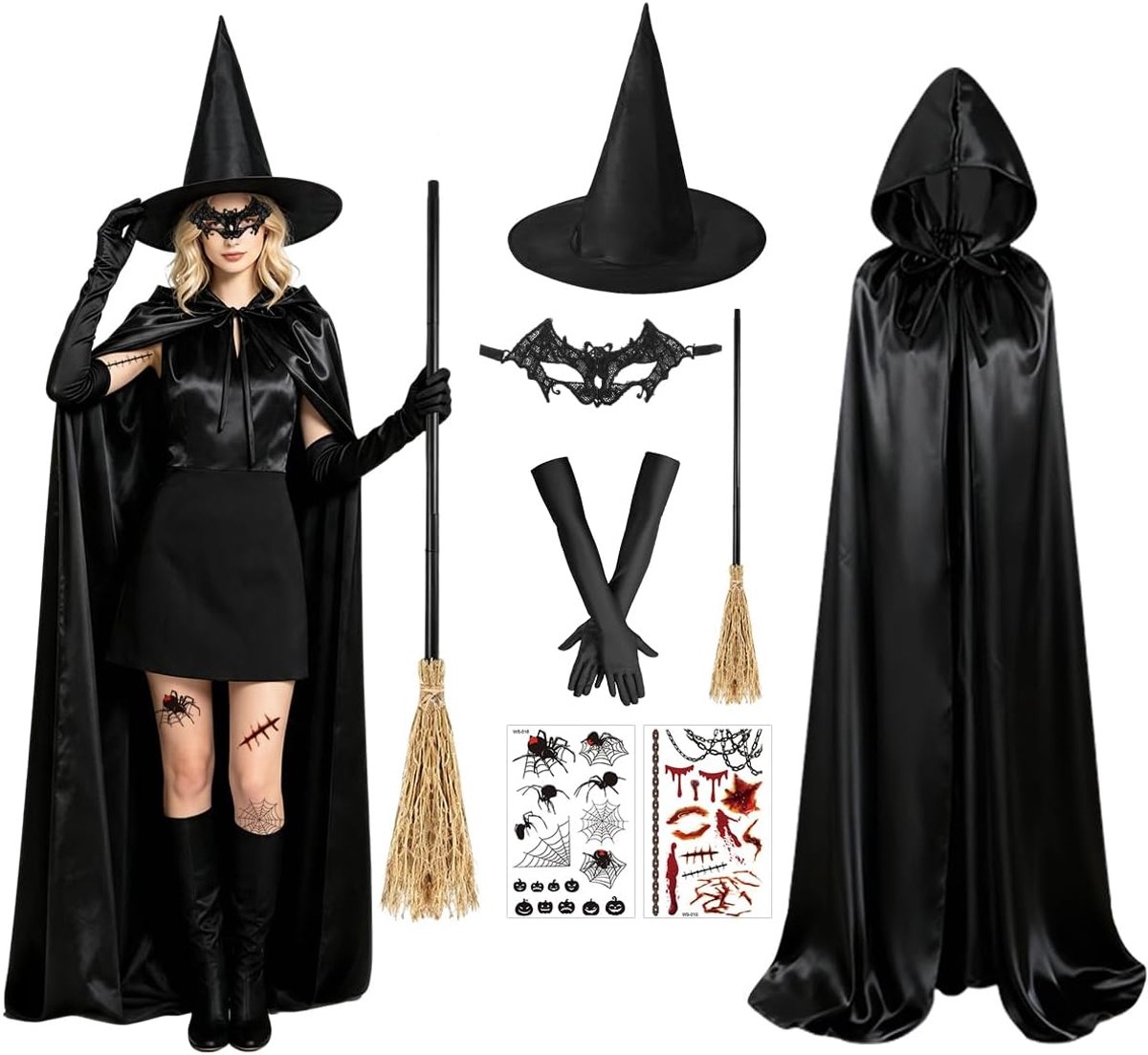 Heksenkostuum voor dames, heksenkostuum voor dames, Halloween heksencape met heksenhoed, heksenbezem, handschoenen, masker, stickers, heksencape voor Halloween, carnaval, maskerade, heks