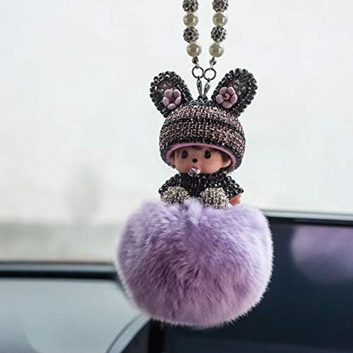 Achteruitkijkspiegel ornament, bling strass achteruitkijkspiegel hanger schattige pop pluche bal auto hangende hanger schattige autospiegel hanger auto interieur decoratie geschenken voor vrouwen