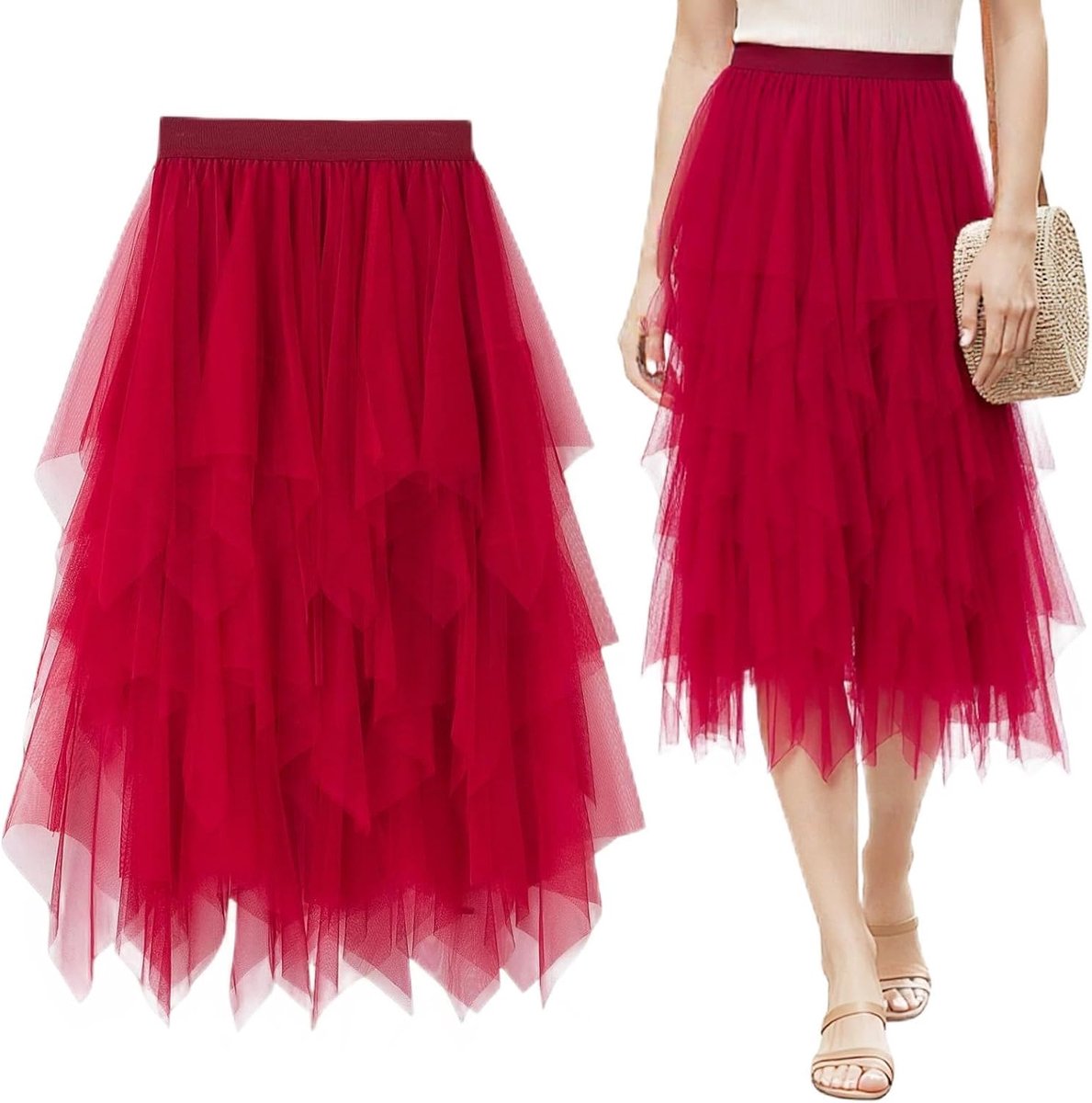 Rok voor Dames Elastisch Onregelmatige Hoge Taille Mesh Plooirok Carnaval Kostuum Elegante A-lijn Midi Tutu Gelaagd met Voering voor Prom Feest Halloween