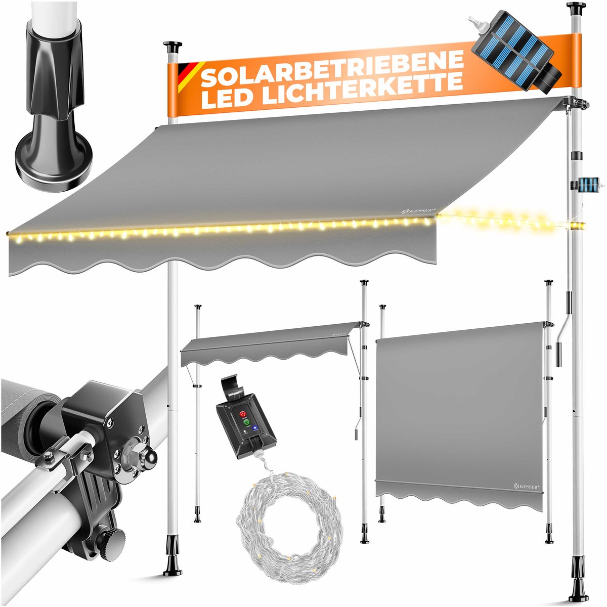 KESSER® Klemluifel met LED-lichtsnoer - Balkonluifel zonder boren met handslinger - 150 x 180 cm - Grijs