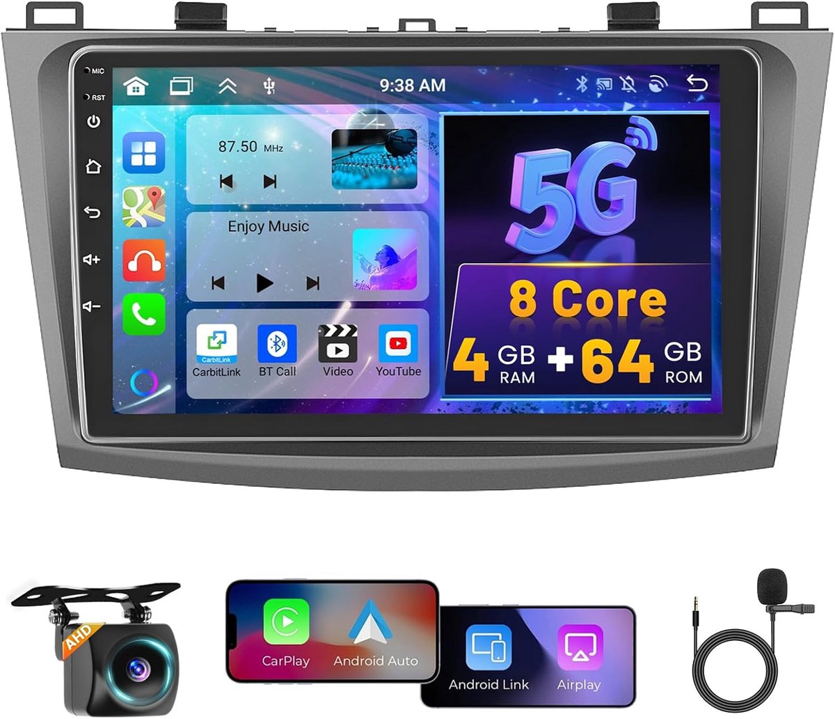 4+64GB 8 Core Radio Hikity Draadloze Carplay Autoradio met Navi voor Mazda 3 2010-2013 Android Auto Radio met 9 Inch Touch Display met Bluetooth FM/RDS WiFi/GPS