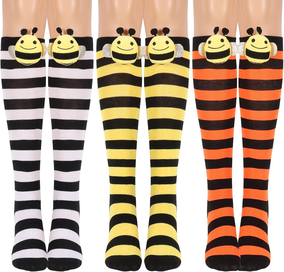 Halloweensokken voor meisjes, lang, katoen, pompoen, gestreept, voor kostuums, 7-12 jaar, 4 stuks