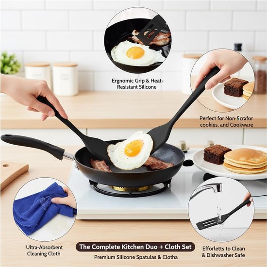 Spatels van siliconen en microvezeldoek, hittebestendig, smalle raclette- en koekjesschep, keukenspatel met gatdesign, zwart — afbeelding 5