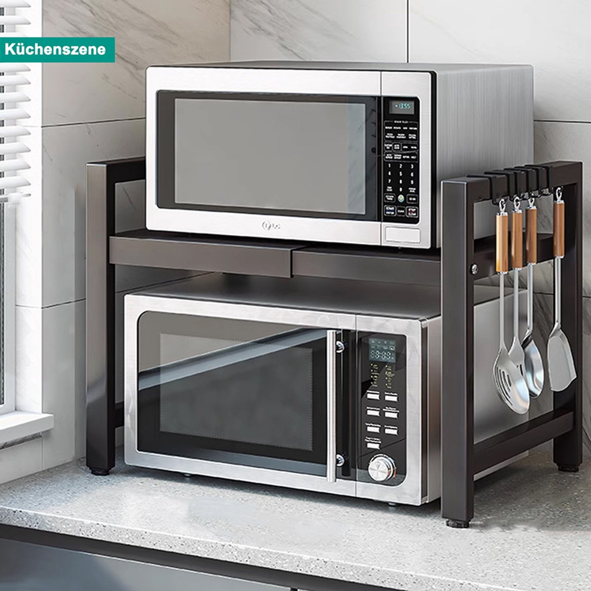 CHICFURN Magnetronrek, keukenrek, ovenrek, broodroosterrek, koffiezetapparaatrek, opbergrek, verstelbaar rek 38-66 cm, zwart staal, met 6 haken, voor magnetron, oven en keukenspullen, keukengerei en pannen