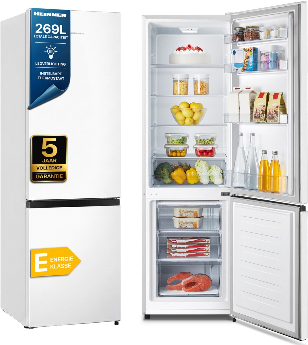 Heinner HC-HS269E++ Koel-vriescombinatie 269 L – Mechanische Bediening – LED-verlichting – Omkeerbare Deur – Wit – 5 Jaar Garantie