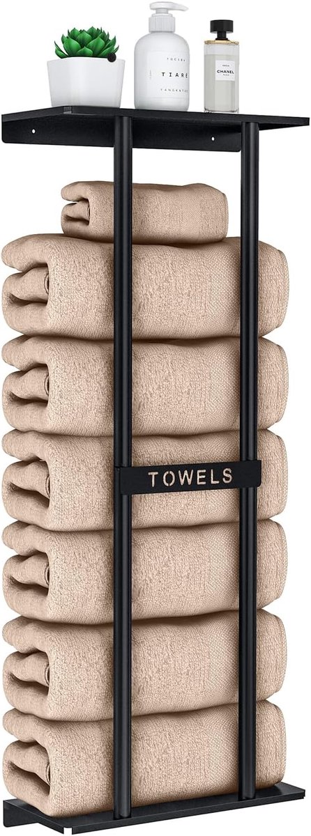 Handdoekhouder voor wandmontage, 76 cm, badkamer, grote opslag, houder voor opgerolde handdoeken, opslag, zwart, 76 x 32 x 14 cm