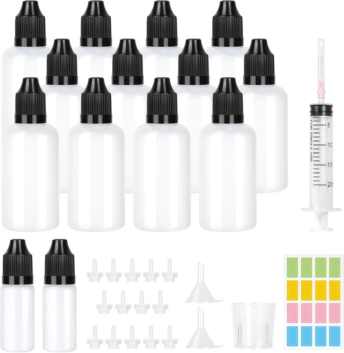 12 Stuks 50ml Kunststof Flessen met Druppel, 2 * 10ml Zachte Oogdruppelfles Druppelflesjes Lege met 20ml Spuit, Meetbeker voor Het Vasthouden van Oogvloeibare Olie en Andere Vloeistoffen