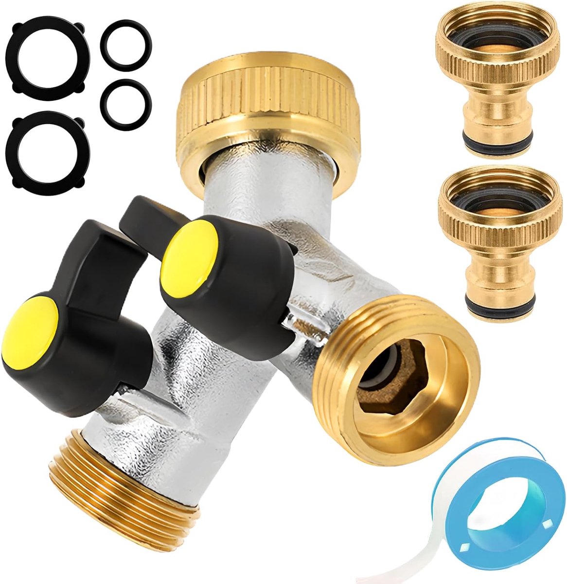 2-weg wateraansluiting Y-verdeler kraanverbinder, tuinkraan waterverdeler van messing, 3/4 inch slangaansluiting, 2-delige tuinslangadapter 1/2 met kogelkraan voor tuinirrigatie