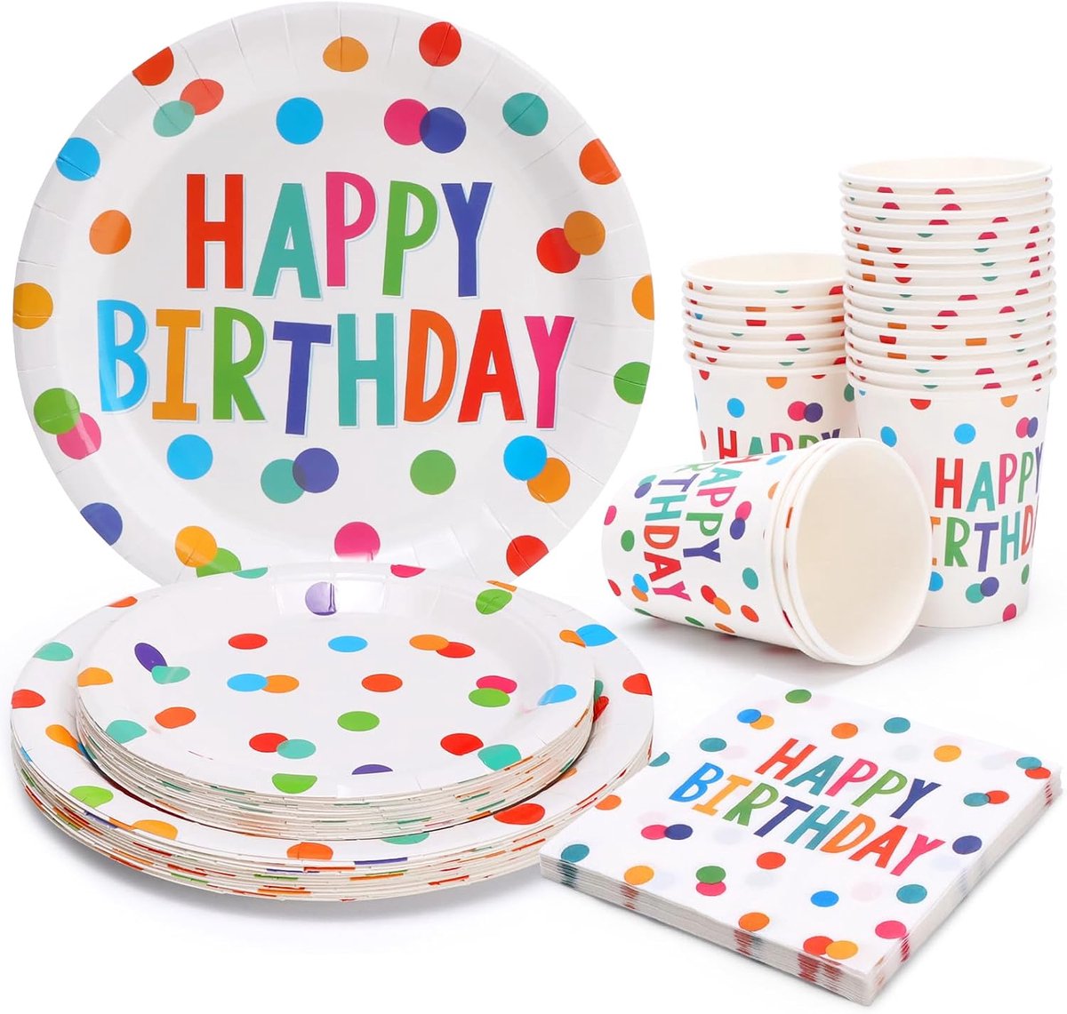 100 stuks gestippelde partyserviesset (25 personen), wegwerp papieren borden, papieren bekers, papieren rietjes, servetten, feestservies voor kinderverjaardagen, jongens/meisjes verjaardagen