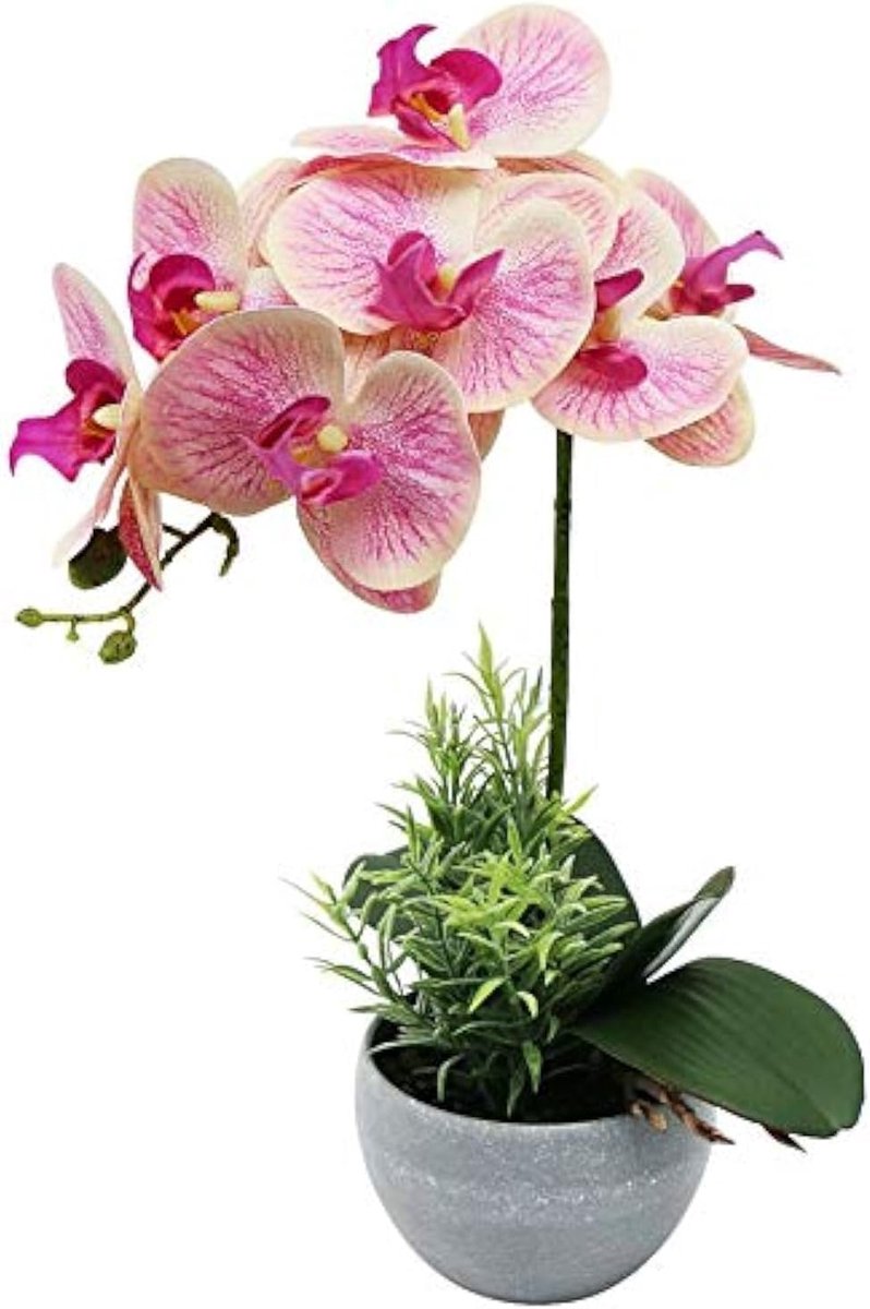 Roze kunstmatige orchidee bloem en plant in grijze pot, waterdichte vlinder orchidee voor tafel centerpieces kantoor badkamer tuin decor
