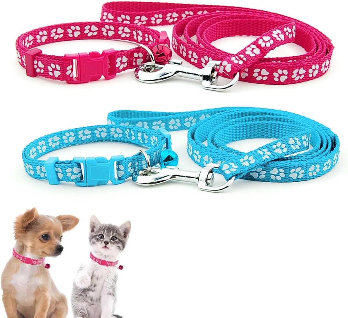 2 stuks, halsbanden en riem, hondenriem met snelontgrendelingslijn met gesp voor kleine honden en katten, puppy's