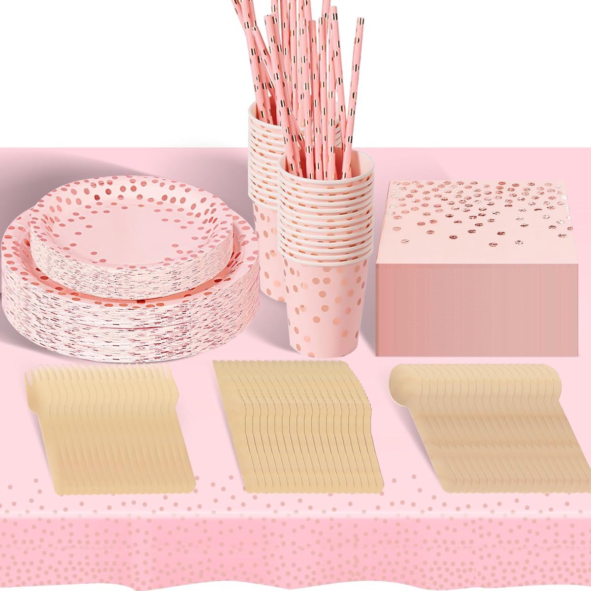 Hailstones Verjaardagsfeestservies, 226-delig, roségoud, feestborden, verjaardag, set inclusief wegwerpborden, papier, kopjes, servetten voor feest, decoratie, babyshower, 25 gasten