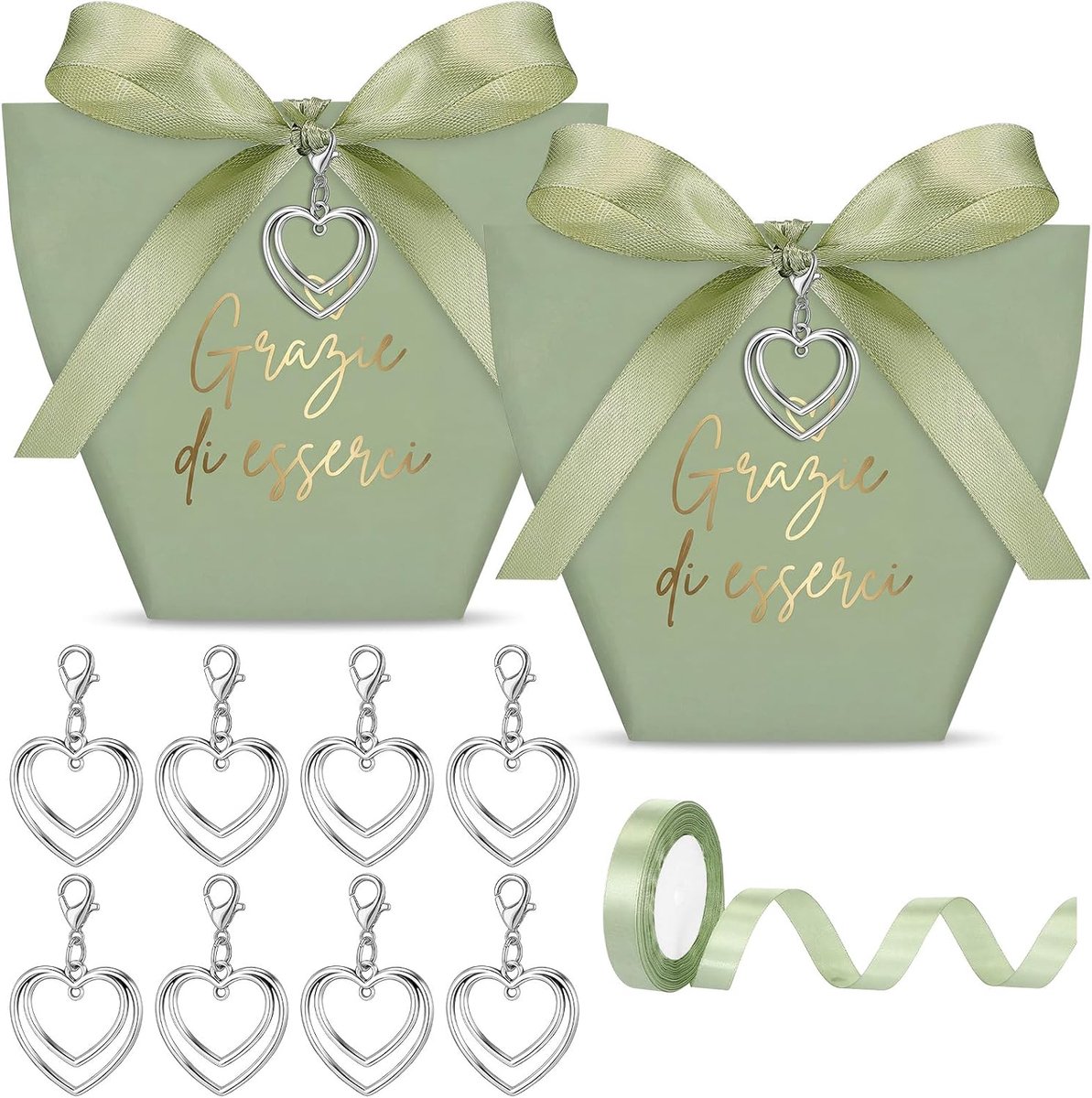 50 Sets Huwelijksbedankdoosjes met Lint Hartvormige Hanger dragéeszakjes Cadeaudoosjes Voor Doop Vormsel Eerste Communie Verloving Bruiloft Verjaardag Bedankje Feest(Saliegroen)