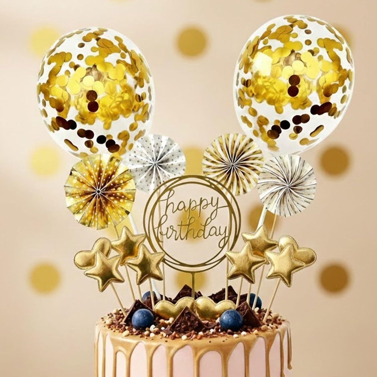17-delige taartdecoratieset, Happy Birthday, taartdecoratie, gouden taarttoppers, sterren, hartjes, papieren waaiers, verjaardag, feestdecoratie, glitter, decoratieve stekers