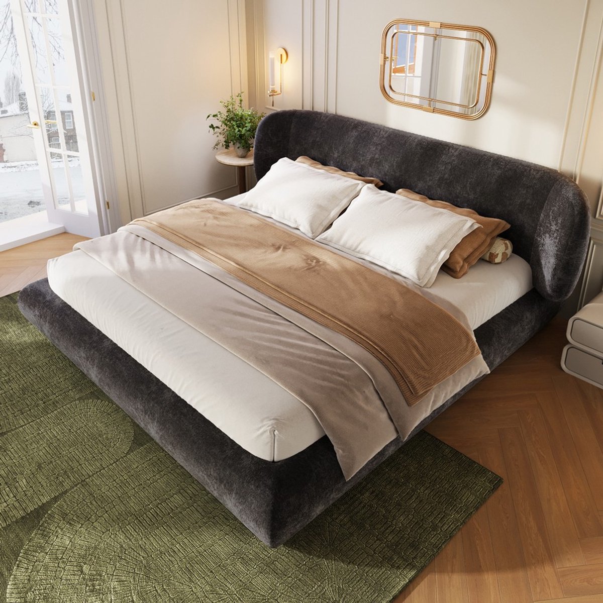 Pugsdrly Bed van 180 x 200 cm, gestoffeerd bed, tweepersoonsbed, jeugdbed met lattenbodem en hoofdeinde, afgeronde hoeken, zeer elastisch schuim, huidvriendelijke chenille, houten frame, grijs (zonder matras)