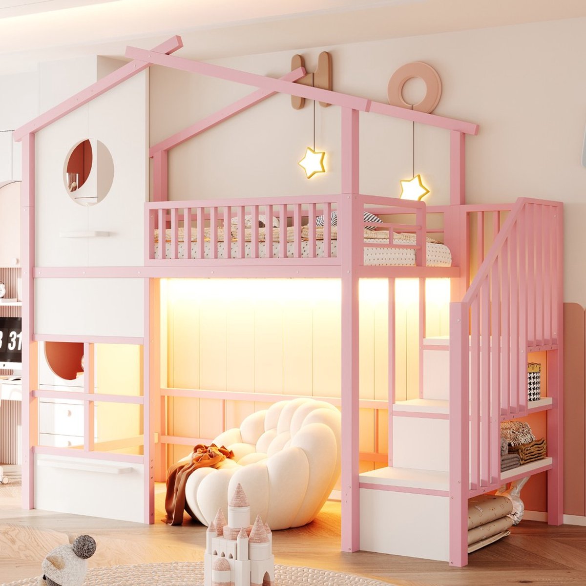 Pugsdrly Hoogslaper van ijzer, 90 × 200 cm, met LED-lichtstrip, in woonstijl ontworpen, met trap, opbergruimte en hoge reling, jeugdbed, kinderbed, roze Roze + Wit