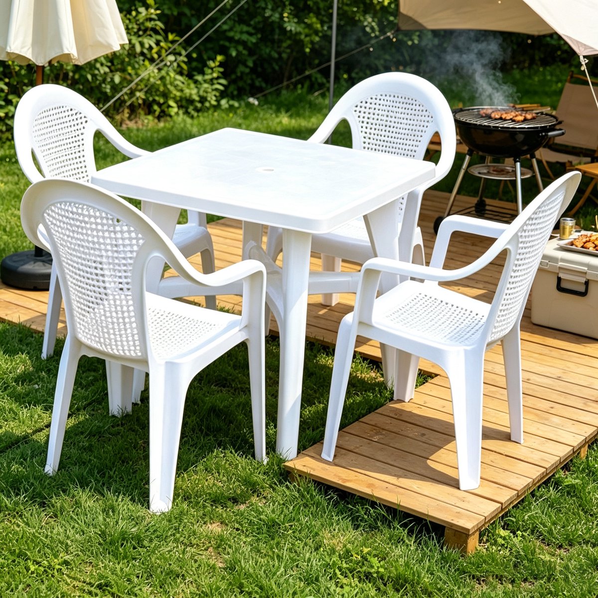 Tuinmeubelset wit 1 Tafel + 4 Stoelen 80x80x72cm Kunststof Terrasset Max Draagvermogen 150kg met Antislip Poten Geschikt voor Tuin Terras en Buiten Dineren