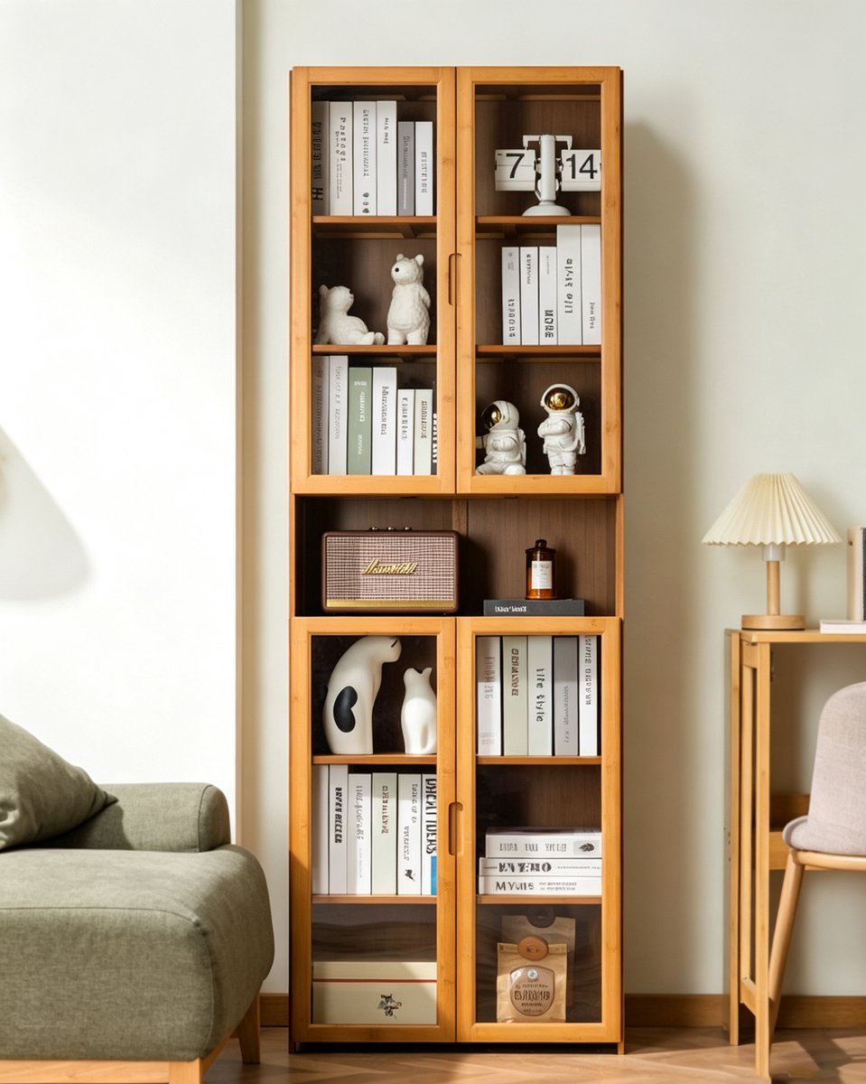 Bamboe boekenkast opbergrek 60*30*175cm 7 lagen met vier transparante acryl deuren staande vitrinekast voor boeken en decoratie