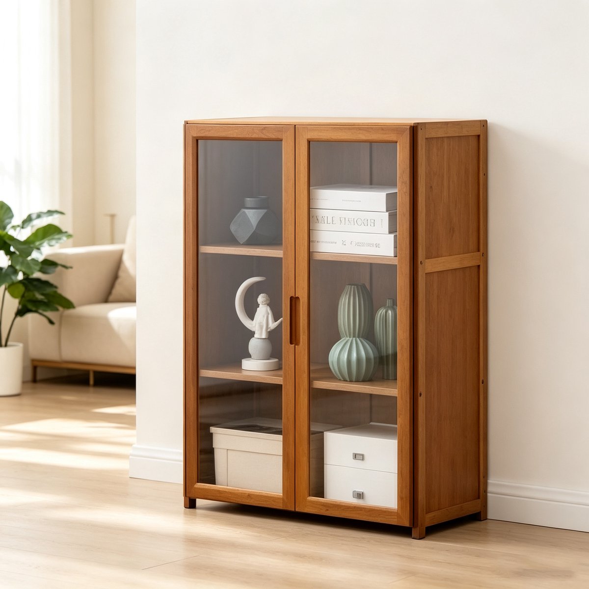 Bamboe boekenkast opbergkast60*30*78cm 3 lagen met dubbele transparante acryl deuren vitrine opbergkast voor woonkamer
