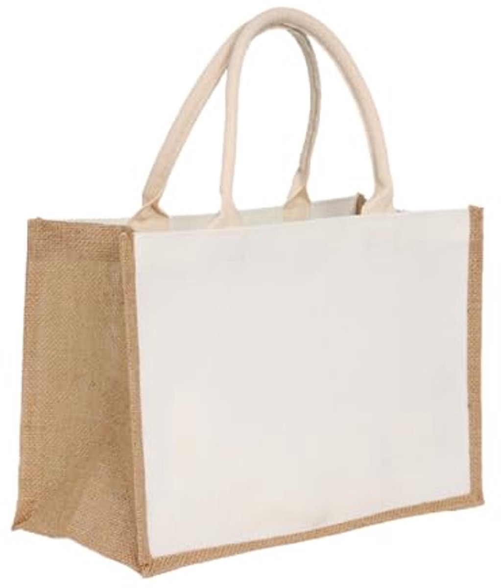 Waterdichte tas van natuurlijk jute, draagbare boodschappentas met schouderband, vintage canvas draagtas, damesmaat (36x32x18 cm)