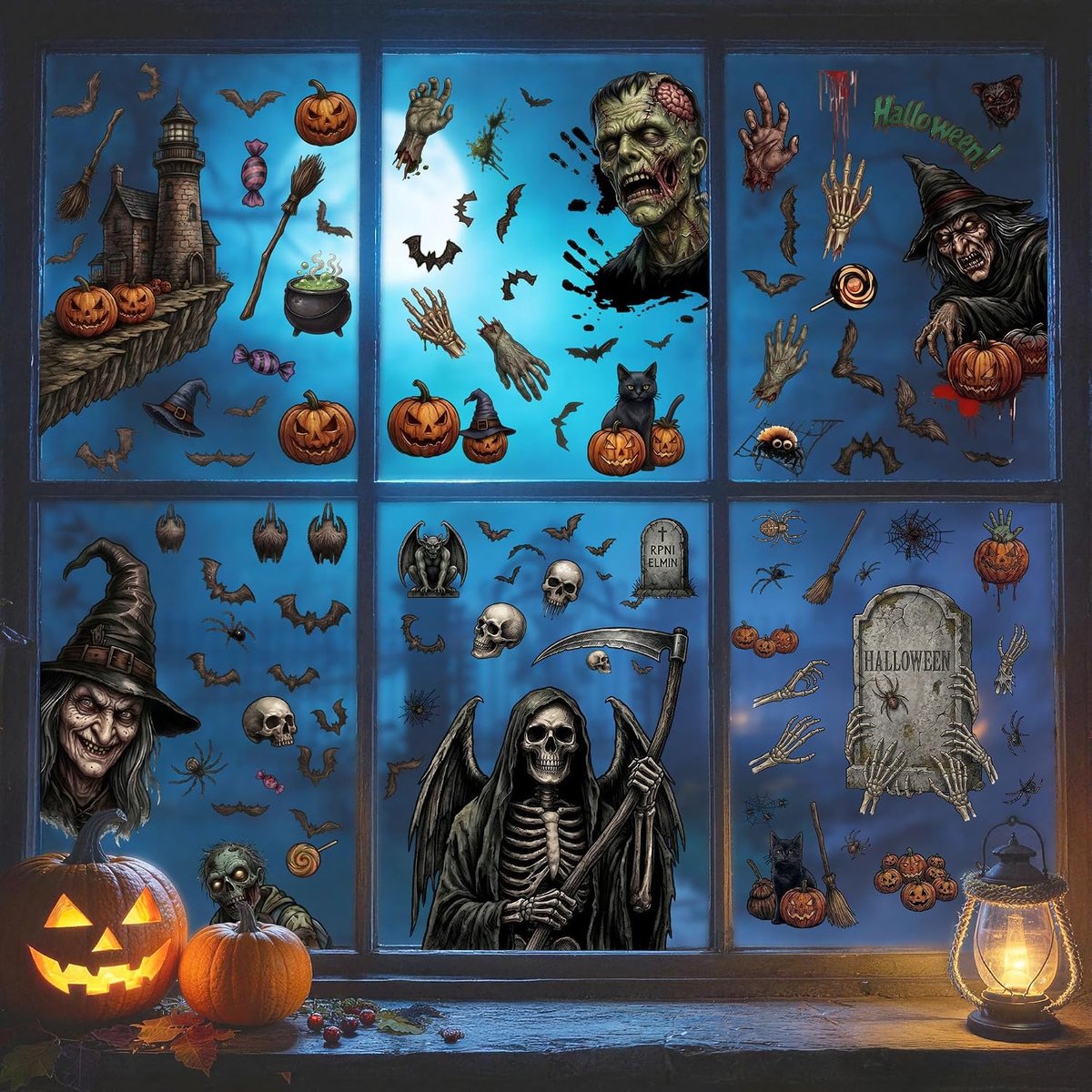 KZQ Halloween Raamstickers 6 Vellen – Dubbelzijdige Halloween Raamdecoratie met Heks, Zombie en Skelet – Herbruikbare Stickers voor Ramen en Glas