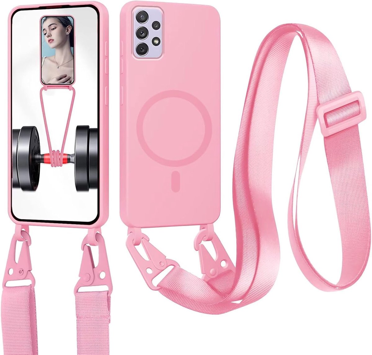 Xinyunew Telefoonhoesje met koord, compatibel met Samsung Galaxy A33, hoes met koord, afneembaar koord, zachte TPU vloeibare siliconen case, schokbestendig, roze