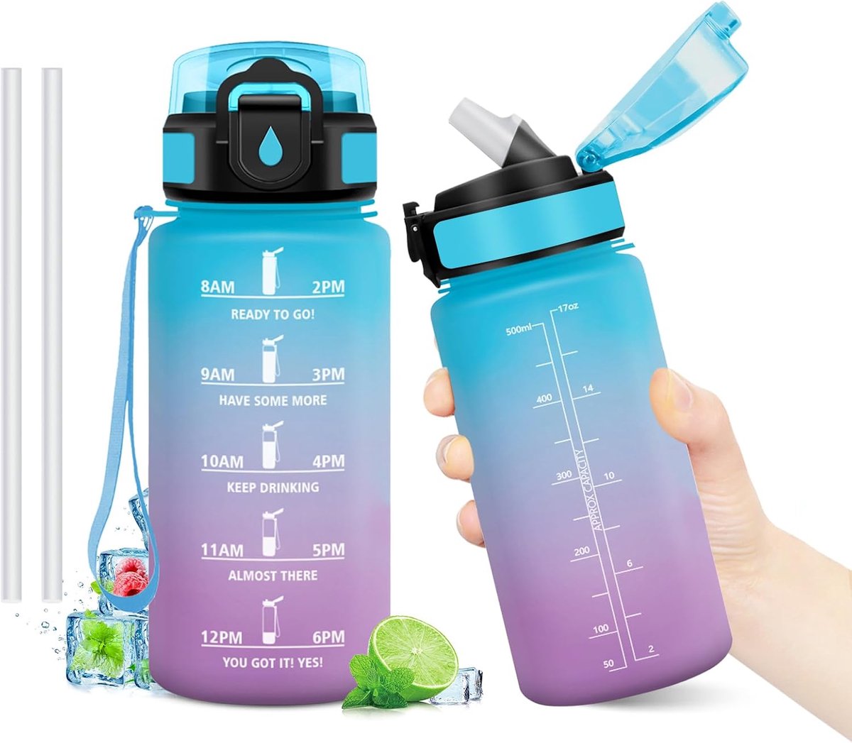 Waterfles, 500 ml, lekvrij, herbruikbaar, met rietje en tijdmarkeringen, BPA-vrij, motiverende drinkfles voor kinderen, school, kantoor, yoga