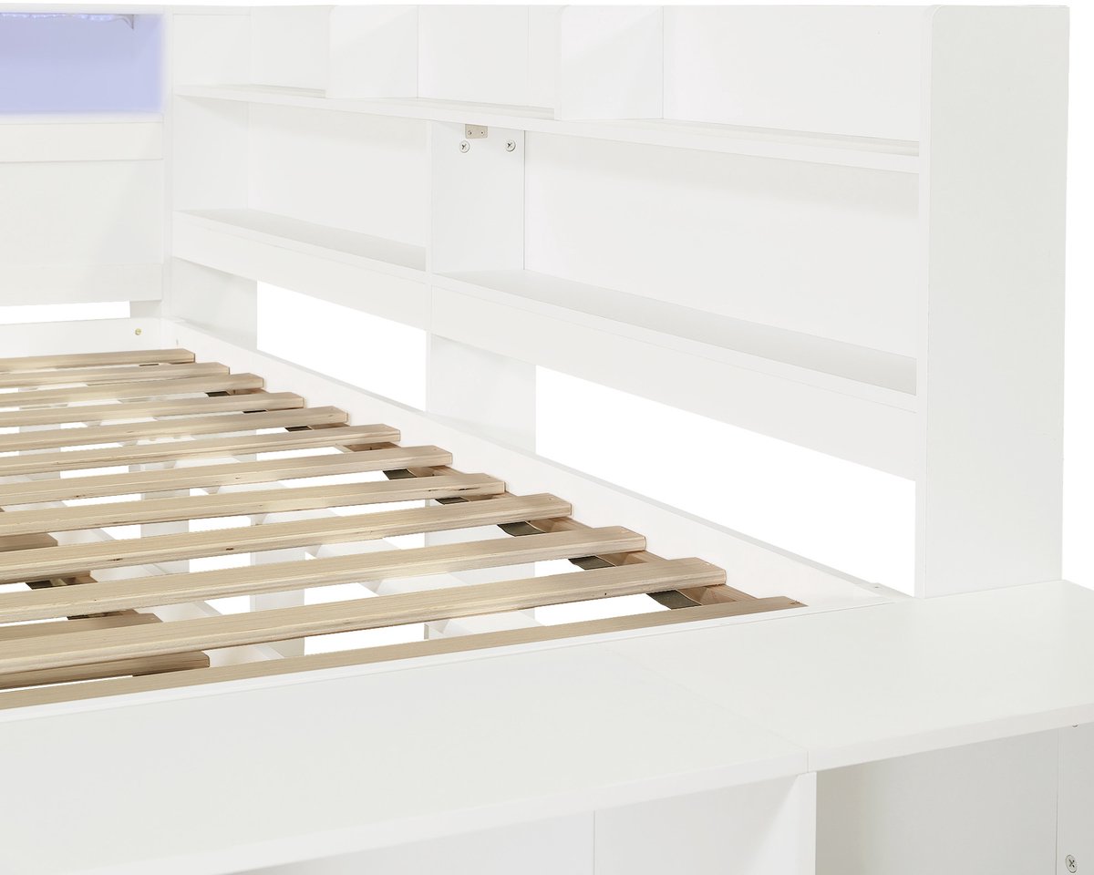 MODENUIT Bed Met Uitschuifbed – 120 X 200 Cm – Hout – Wit – Ledverlichting, Laadaansluiting, Opbergruimte En Zitbank