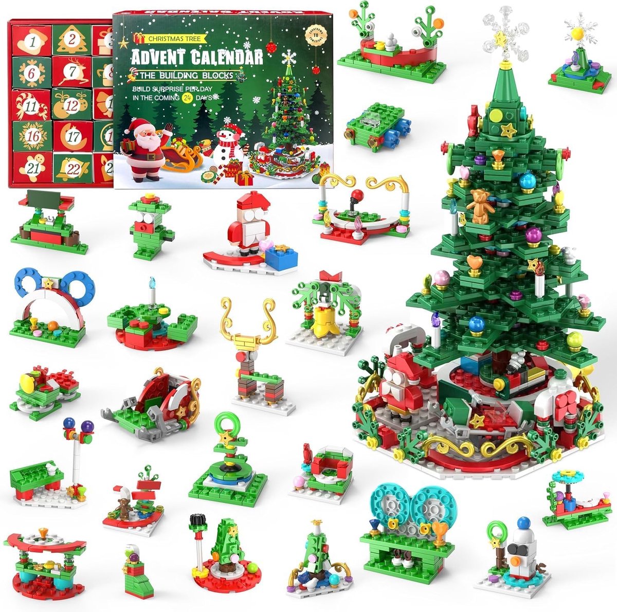 24-Daagse Adventskalender – Kerstboombouwset Met LED-Lichtsnoer En 701 Onderdelen – Gerecycled ABS En Niet-Giftig – Kerstcadeau Voor Het Hele Gezin
