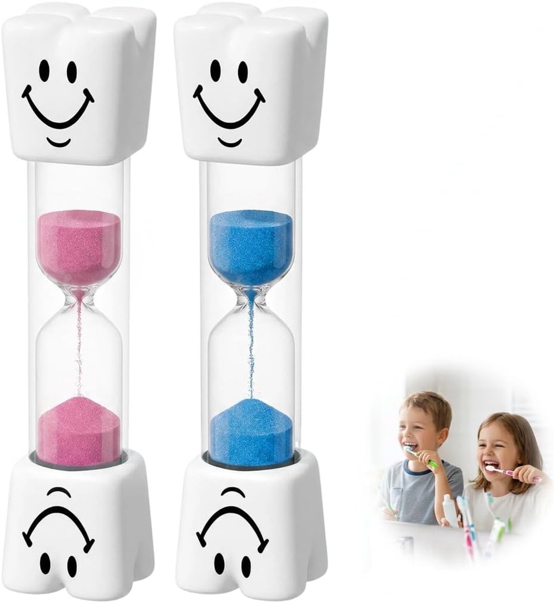 2 stuks zandlopers, tandenpoetsen voor kinderen, 3 minuten tandenpoetsen, onbreekbaar en waterdicht, kleurrijke zandlopers voor tandverzorging, eiertimer en speeltijd (blauw + roze)