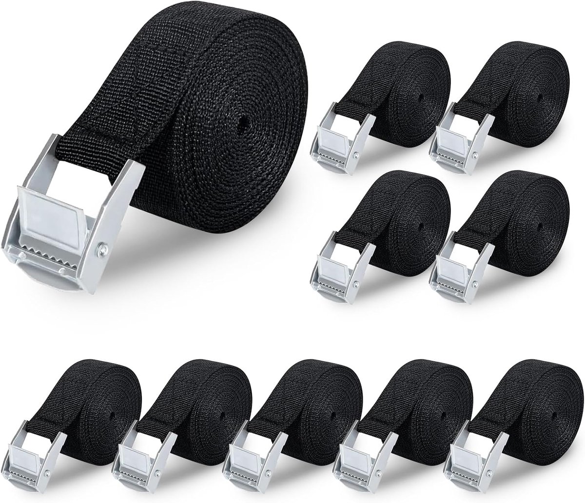 Spanbanden, kort, 10 stuks, zwart, sjorband, 50 cm, spanbanden met klemsluiting, bevestigingsriemen, spanriemen, belastbaarheid tot 200 kg, voor fiets, steekwagen, motorfiets, bagage