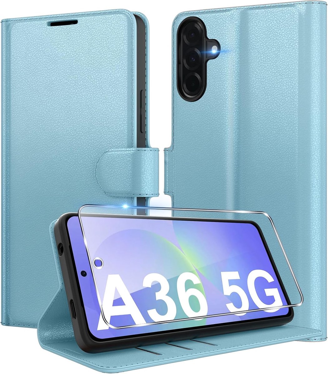 Telefoonhoesje voor Samsung Galaxy A36 5G, premium PU-lederen portemonnee, kaartenvak, standfunctie, beschermhoes, stootvaste klaphoes, flip case met 1 stuks pantserbescherming, glas, bruin