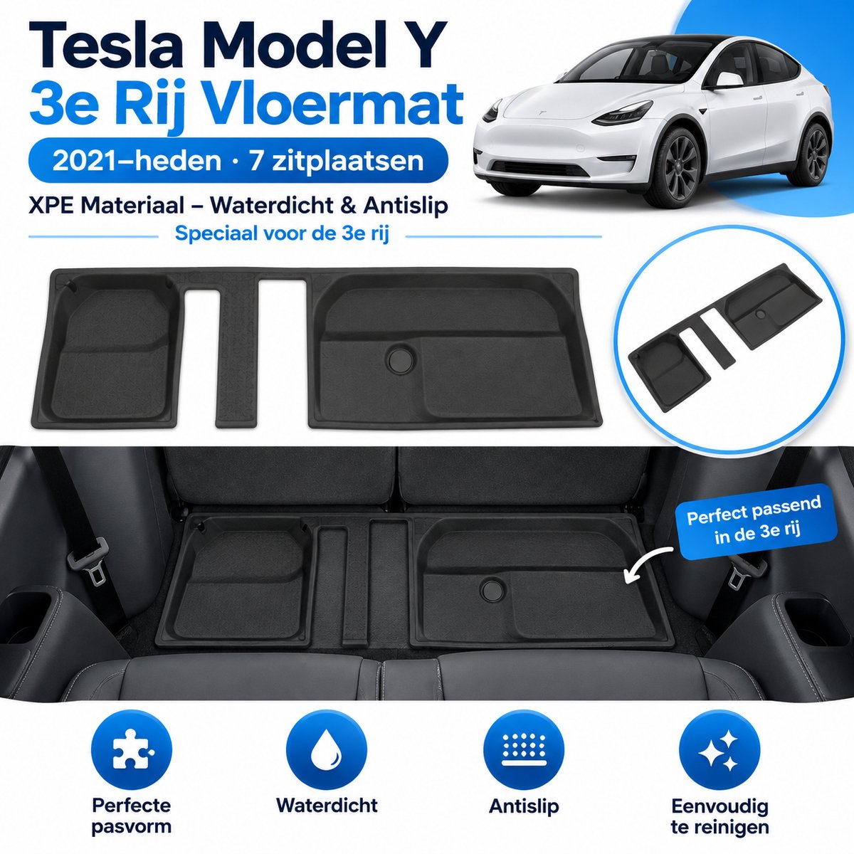 Tesla Model Y 3e Rij Vloermat (2021–heden) XPE Materiaal – Waterdicht & Antislip – Geschikt voor 7 Zitplaatsen