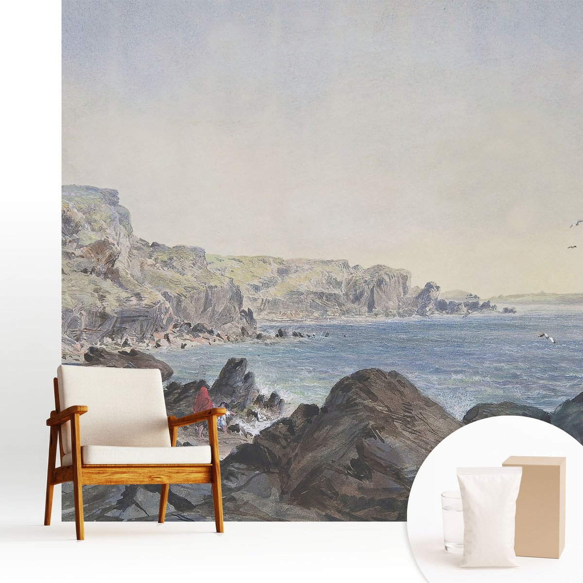 Wallfluent Fotobehang - Grijs Vliesbehang - 250x250 cm - Een Rustige Kust Fotobehang Vlies - Woonkamer behang Landschappen - Muurschildering - Hal behang