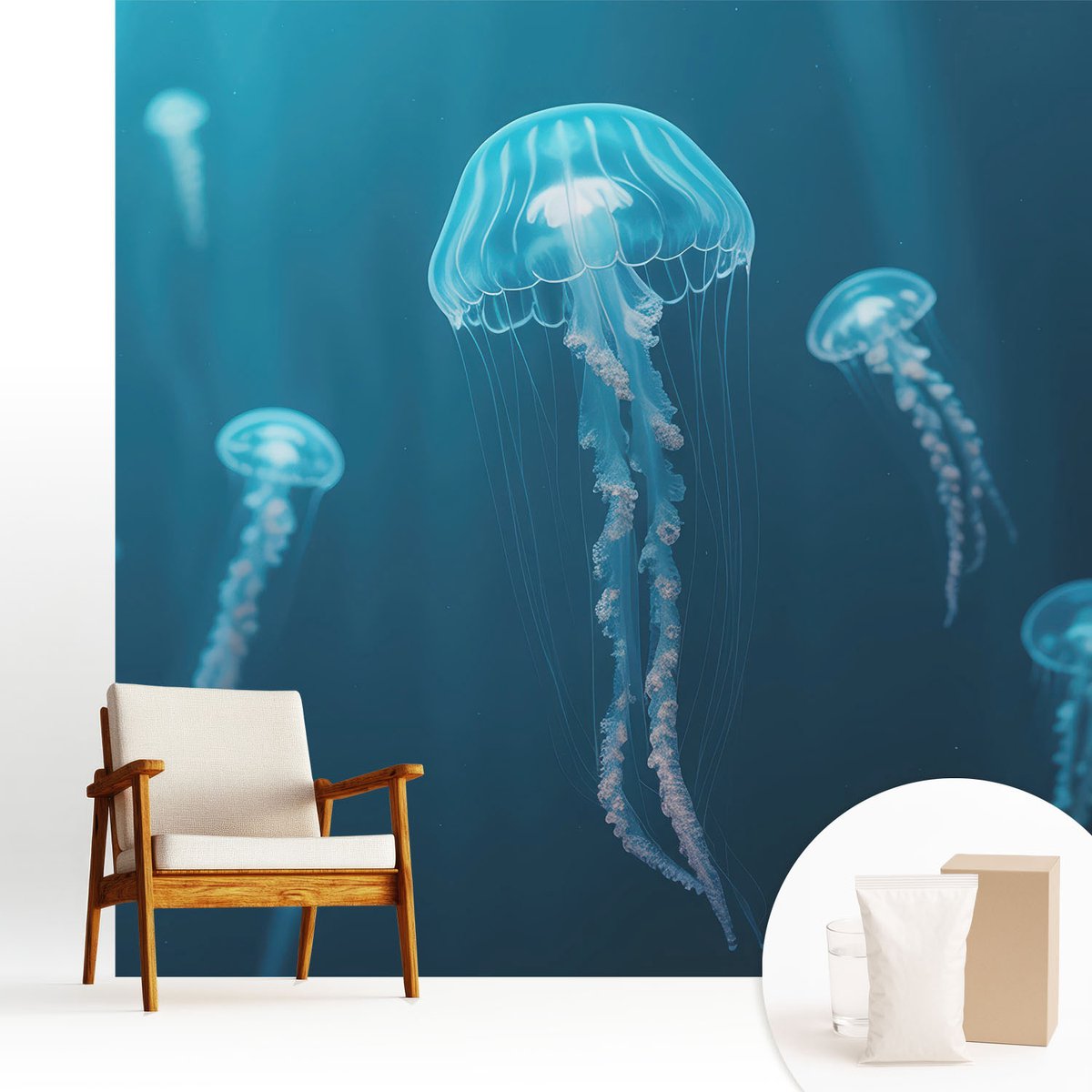 Wallfluent Fotobehang - Blauw Vliesbehang - 250x250 cm - Maritieme Elegantie Fotobehang Vlies - Woonkamer behang Dieren - Muurschildering - Woonkamer behang