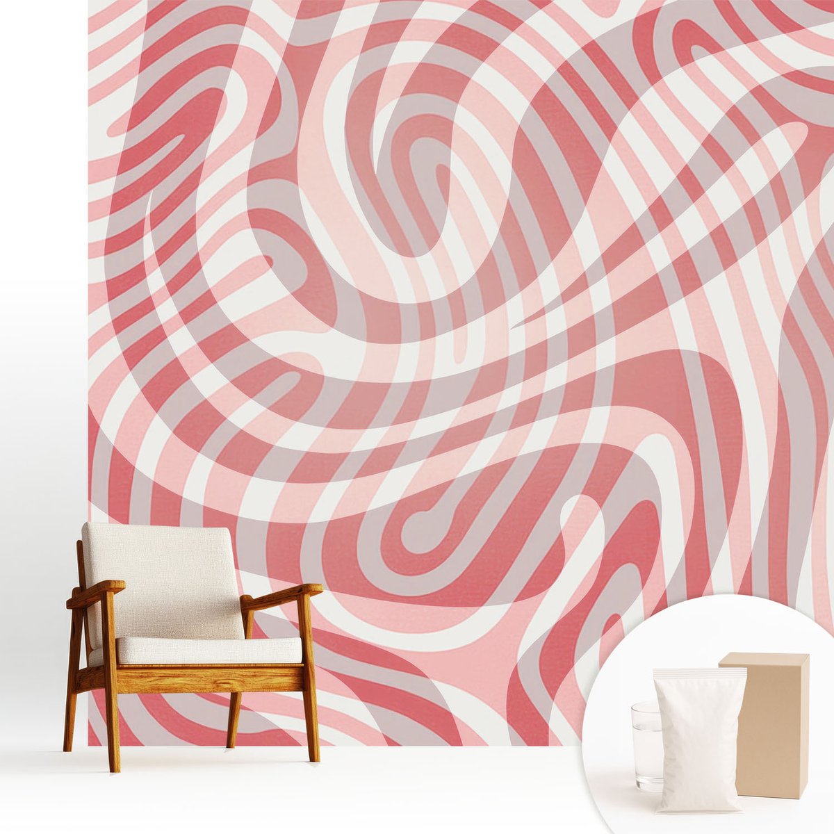 Wallfluent Fotobehang - Rood Vliesbehang - 250x250 cm - Golvende Lijnen Fotobehang Vlies - Woonkamer behang Abstractie - Muurschildering - Woonkamer behang