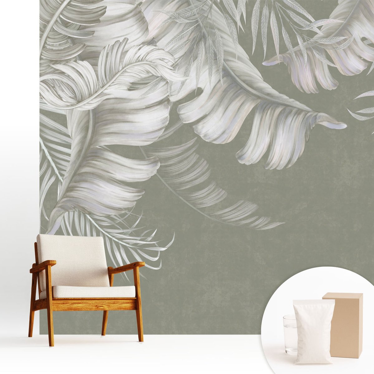 Wallfluent Fotobehang - Grijs Vliesbehang - 250x250 cm - Tere Bladeren Fotobehang Vlies - Hal behang Bloemen En Planten - Muurschildering - Woonkamer behang