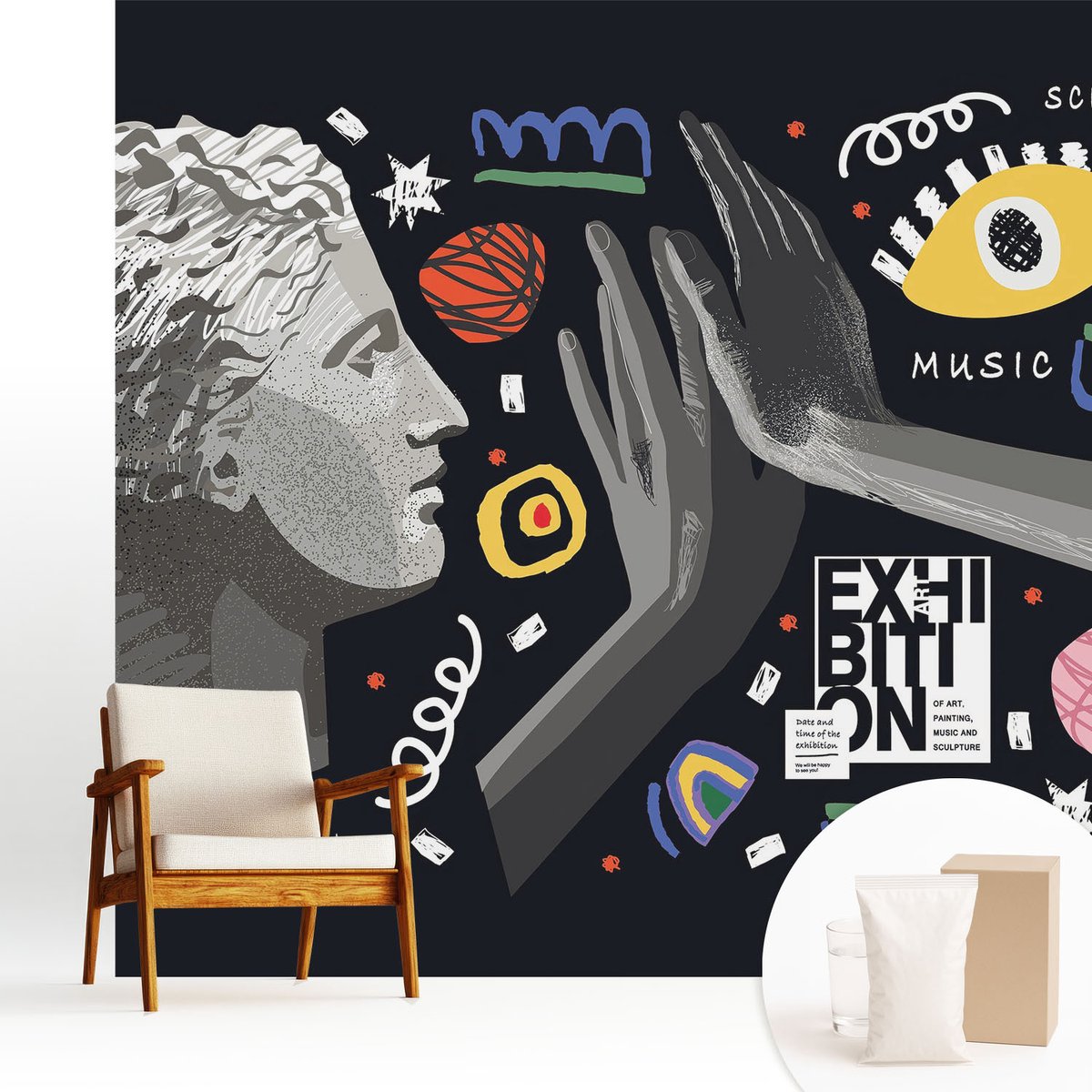 Wallfluent Fotobehang - Zwart Vliesbehang - 250x250 cm - Een Kleurrijke Tentoonstelling Muurschildering - Slaapkamer behang Deel - Fotobehang Vlies - Slaapkamer behang