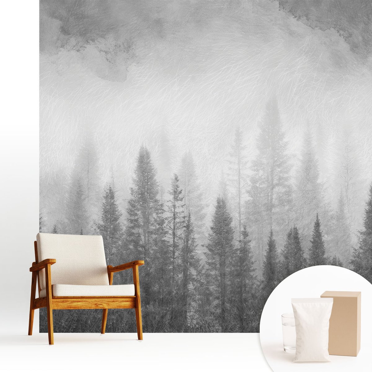 Wallfluent Fotobehang - Zwart-Wit Vliesbehang - 250x250 cm - Bosmist Fotobehang Vlies - Hal behang Landschappen - Muurschildering - Woonkamer behang