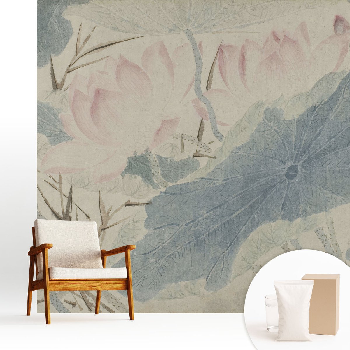 Wallfluent Fotobehang - Grijs Vliesbehang - 250x250 cm - Lotusbladeren Muurschildering - Slaapkamer behang Bloemen En Planten - Fotobehang Vlies - Slaapkamer behang