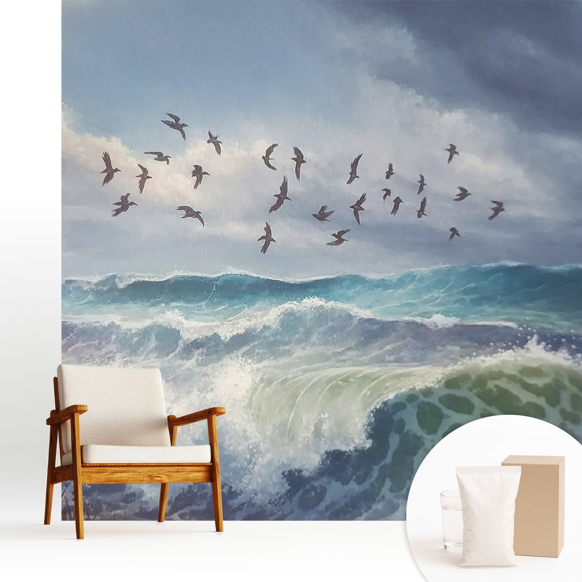 Wallfluent Fotobehang - Blauw Vliesbehang - 250x250 cm - Zeegolven Muurschildering - Gang behang Landschappen - Fotobehang Vlies - Slaapkamer behang