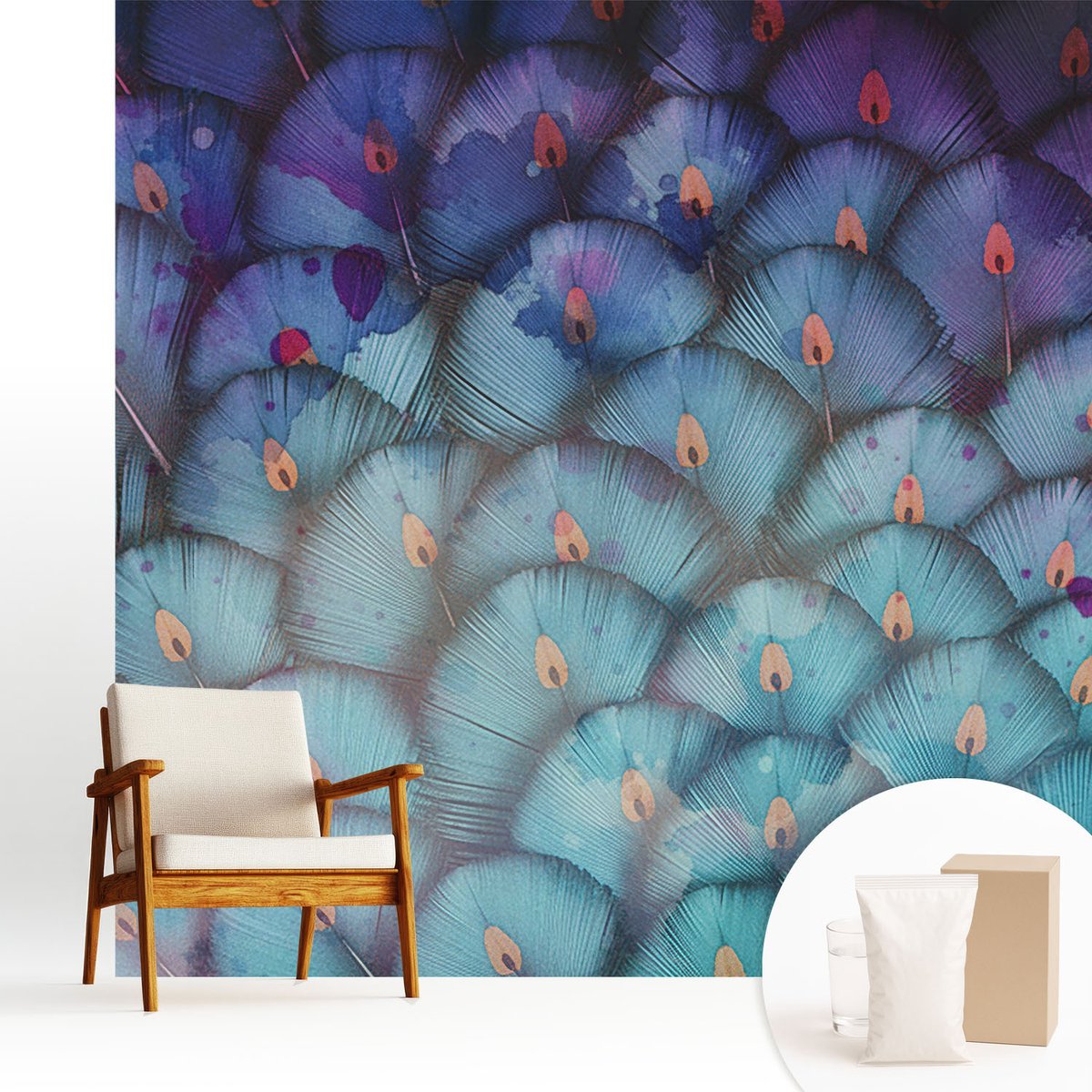 Wallfluent Fotobehang - Blauw Vliesbehang - 250x250 cm - Kleurrijke Veren Muurschildering - Gang behang Dieren - Fotobehang Vlies - Gang behang