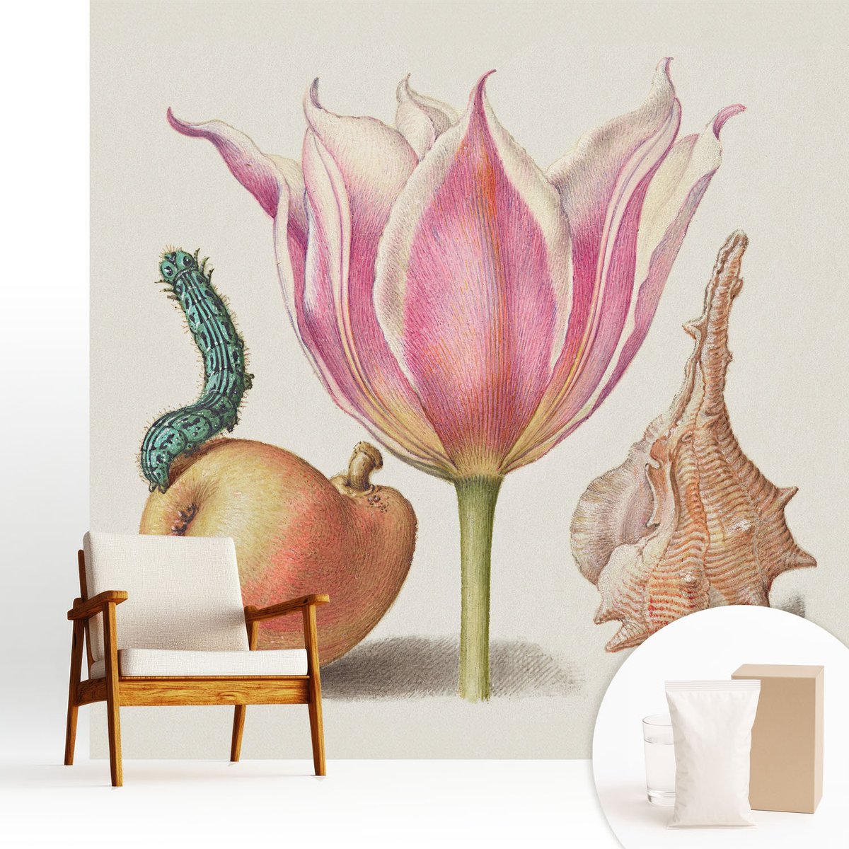 Wallfluent Fotobehang - Beige Vliesbehang - 250x250 cm - Natuurlijke Symbiose Muurschildering - Slaapkamer behang Bloemen En Planten - Fotobehang Vlies - Slaapkamer behang