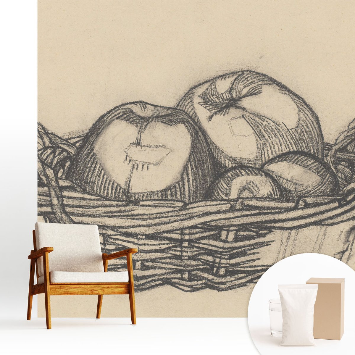 Wallfluent Fotobehang - Wit Vliesbehang - 250x250 cm - Fruitmand Fotobehang Vlies - Hal behang Deel - Muurschildering - Hal behang