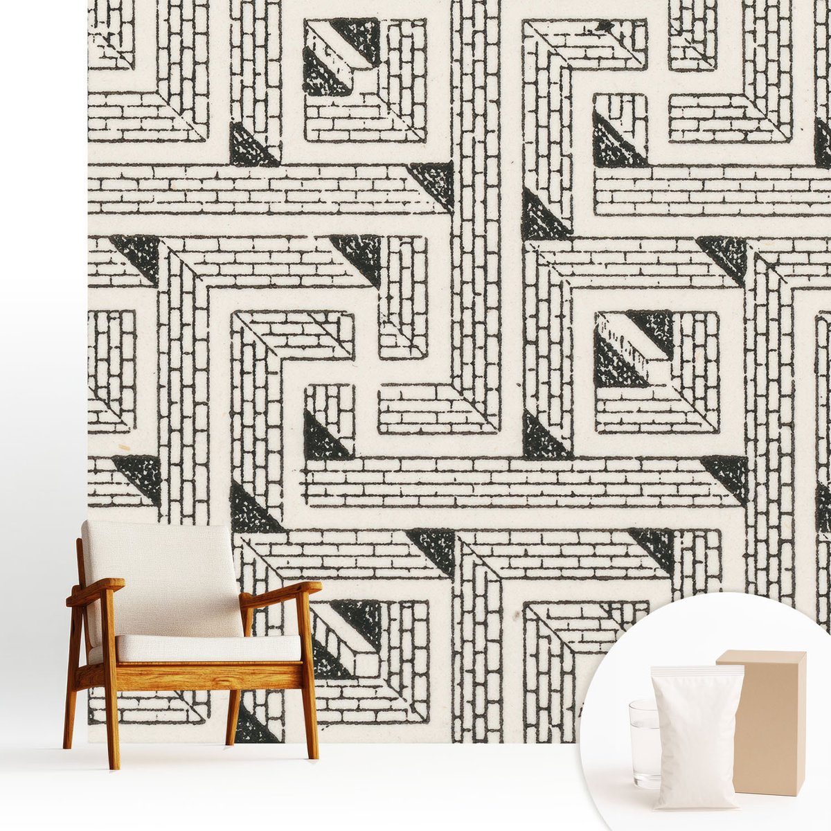 Wallfluent Fotobehang - Zwart-Wit Vliesbehang - 250x250 cm - Bakstenen Doolhof Muurschildering - Gang behang Geometrie - Fotobehang Vlies - Gang behang