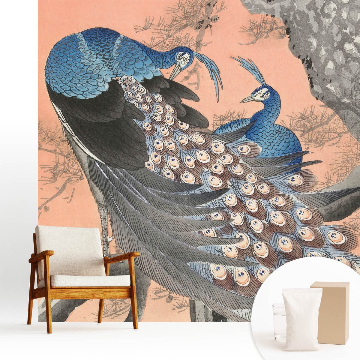 Wallfluent Fotobehang - Oranje Vliesbehang - 250x250 cm - Pauwenelegantie Muurschildering - Slaapkamer behang Dieren - Fotobehang Vlies - Slaapkamer behang