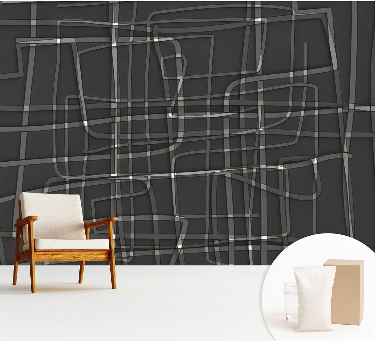 Wallfluent Fotobehang - Zwart Vliesbehang - 312x219 cm - Abstracte Lijnen Fotobehang Vlies - Woonkamer behang Abstractie - Muurschildering - Woonkamer behang