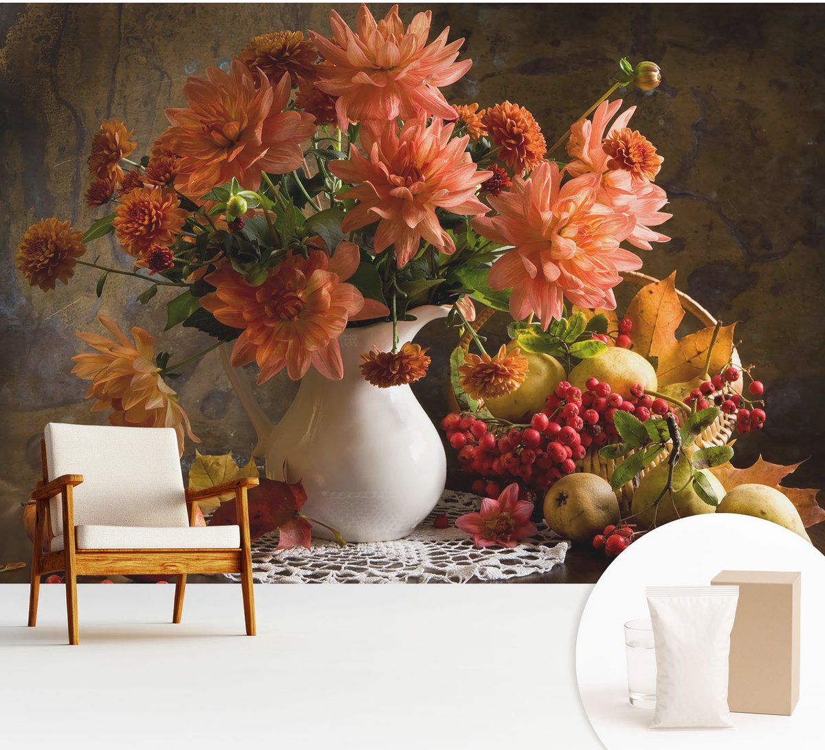 Wallfluent Fotobehang - Oranje Vliesbehang - 312x219 cm - Herfstcompositie Muurschildering - Slaapkamer behang Bloemen En Planten - Fotobehang Vlies - Gang behang