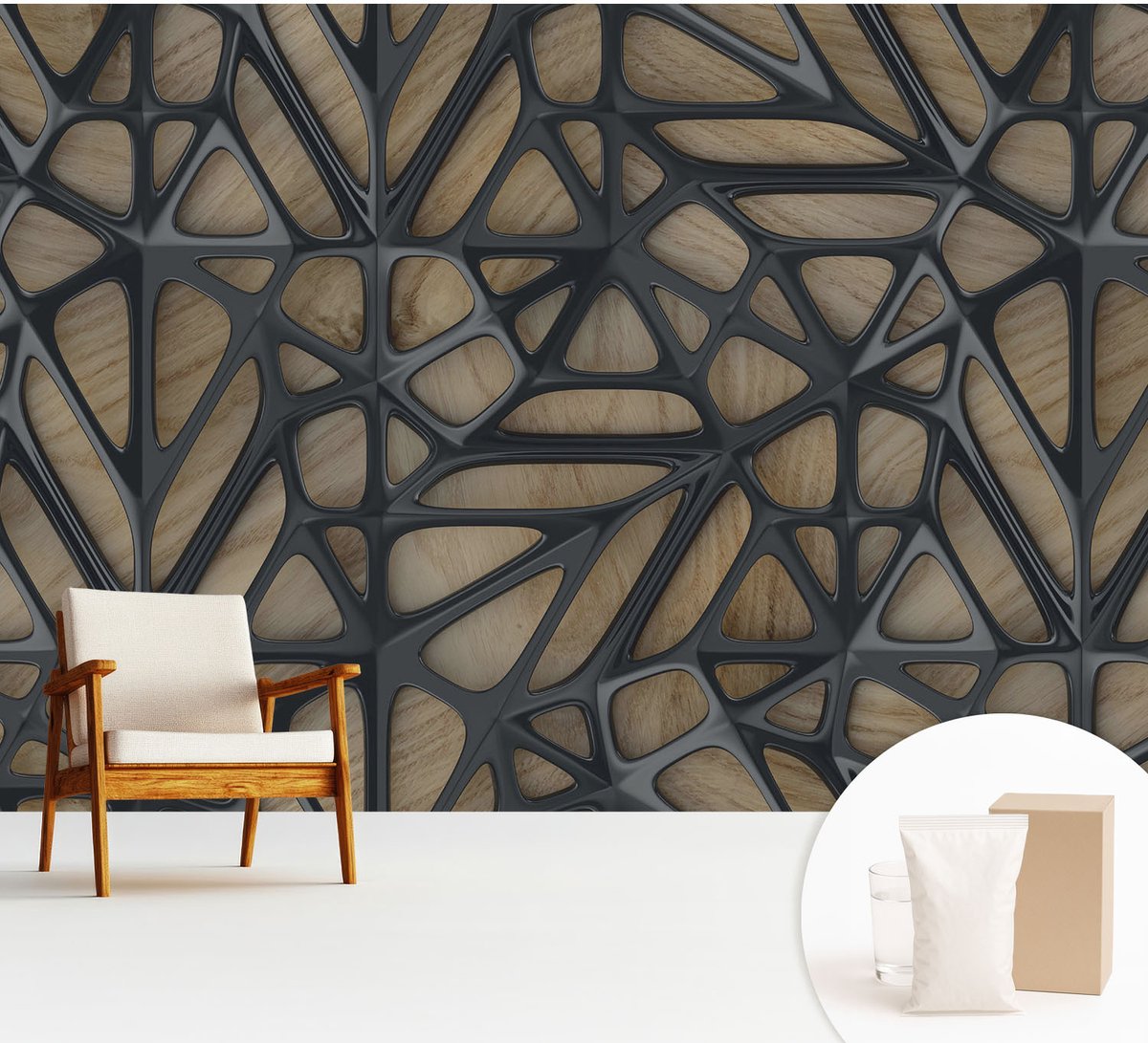 Wallfluent Fotobehang - Beige Vliesbehang - 312x219 cm - Houten Net Fotobehang Vlies - Woonkamer behang Abstractie - Muurschildering - Woonkamer behang