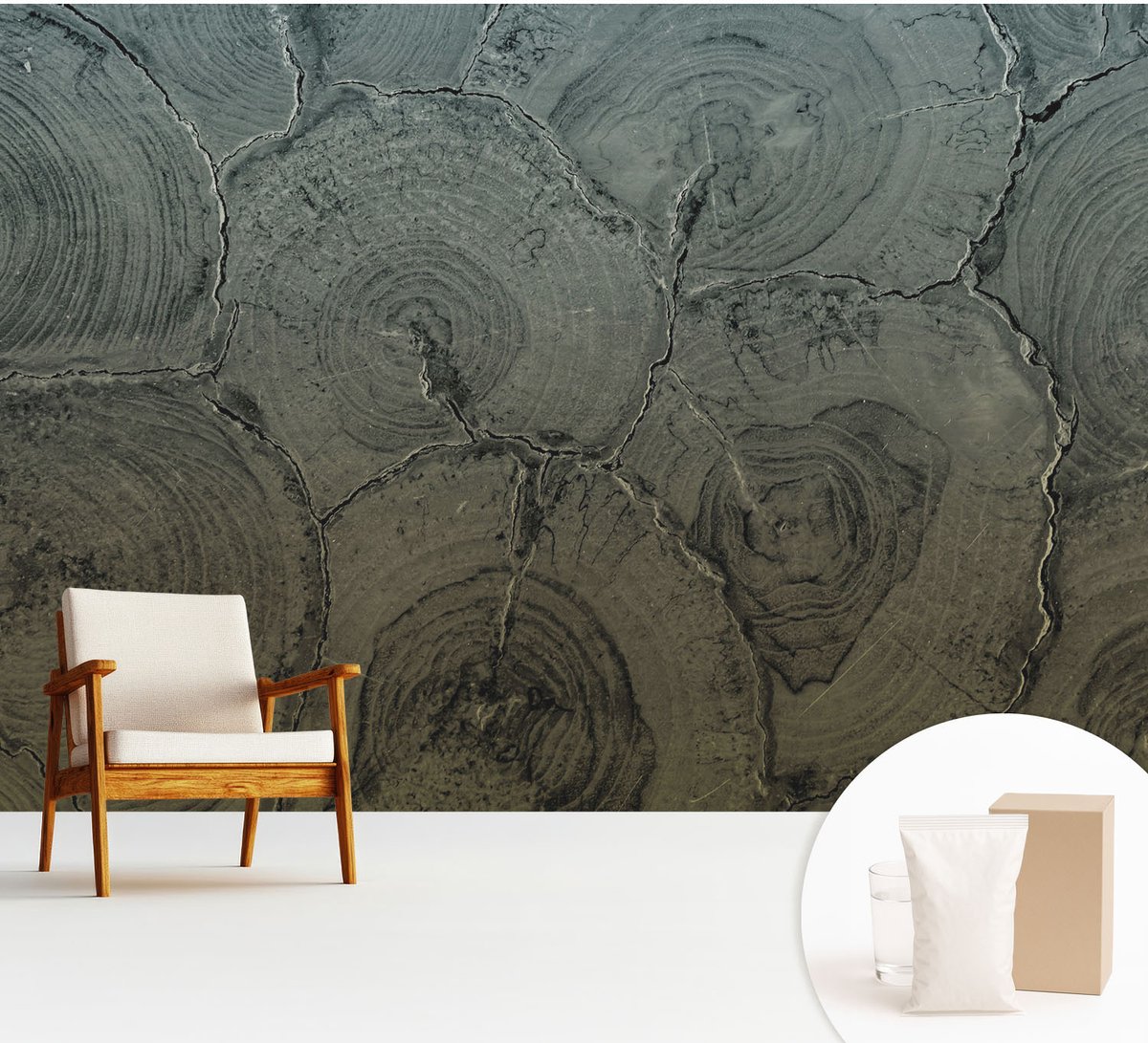 Wallfluent Fotobehang - Grijs Vliesbehang - 312x219 cm - Houten Ringen Muurschildering - Gang behang Texturen - Fotobehang Vlies - Slaapkamer behang